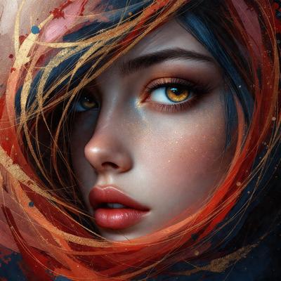 The primary subject of the image is a woman with blue hair, wearing a red veil. She is looking at the camera with a confident expression. The setting is a room with a red background, which adds to the overall atmosphere. The visual style is a digital art or illustration, showcasing the woman's unique appearance and the vibrant colors of the red veil and the red background.